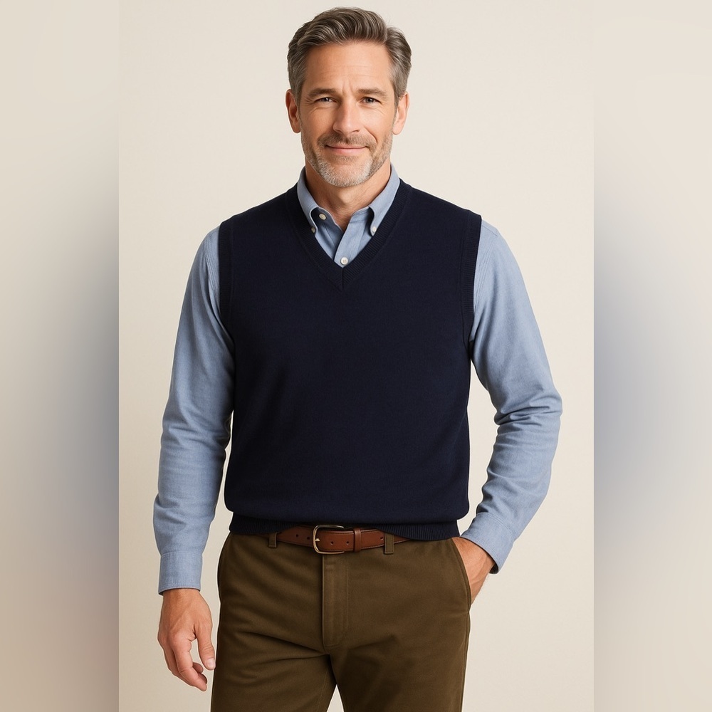 ORVIS 100% Merino Wool Navy Knit Sleeveless V Neck Sweater Vest L